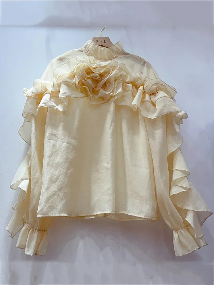 2026 한국 시크 솔리드 3D 플라워 러플 패치워크 루즈 탑 여성 시어 쉬폰 블라우스 여성 2024 여름 신상 SM6322
