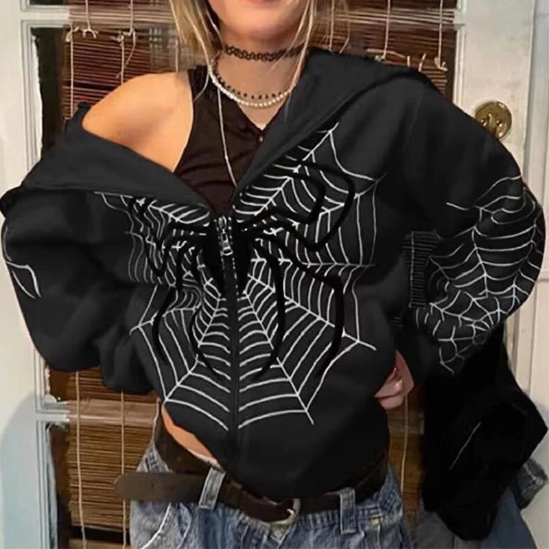 Spider Web Red Rhinestone Zip Up Long Sleeve Hoodies Sweatshirt Y2k Vintage  Hip Hop Hoodie Interesting Men Women Jacket Coat - AliExpress
