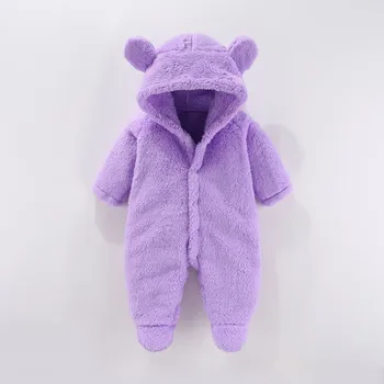 Newborn Baby Rompers Autumn Winter Warm Fleece Baby Boys Girls Costume Baby Clothing Solid Plush Overalls Hooded Jumpsuits 0-12M 1