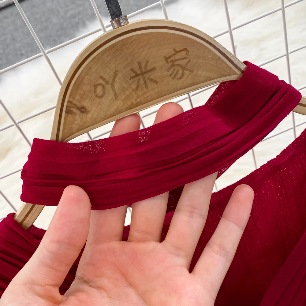 Autumn Flare Sleeve V-neck Midi Dresses for Women Solid Pleated A-line Elegant Party Dress Korean Fashion One Piece Vestidos New