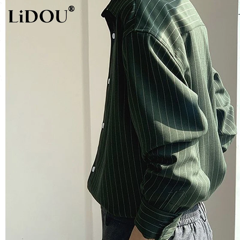 2023 New Korean Fashion Autumn Shirts Men Business Casual Neat Capable Hipster Street England Style Elegant Stripe Clothes Top