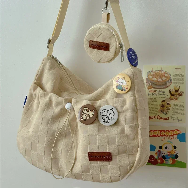 Xiuya Harajuku Style College Crossbody Bag Solid Color Plaid Print Large Capacity Shoulder Bag New Cute Fashion Designer Handbag 5