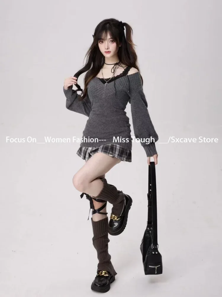 Knitted Suits Autumn Winter Woman V-neck French Vintage Long Sleeve Pullovers Knitwears 2000s Aesthetic Korean Sweater Sets Y2k 3