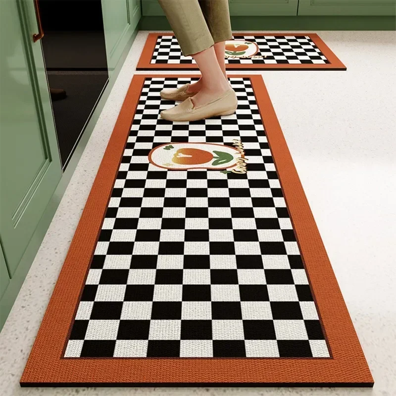 Mat for Kitchen Carpet Waterproof PVC Long Floor Mats Leather Oil Proof Anti-slip Carpets Black White Plaid Home Decoration Rug 4