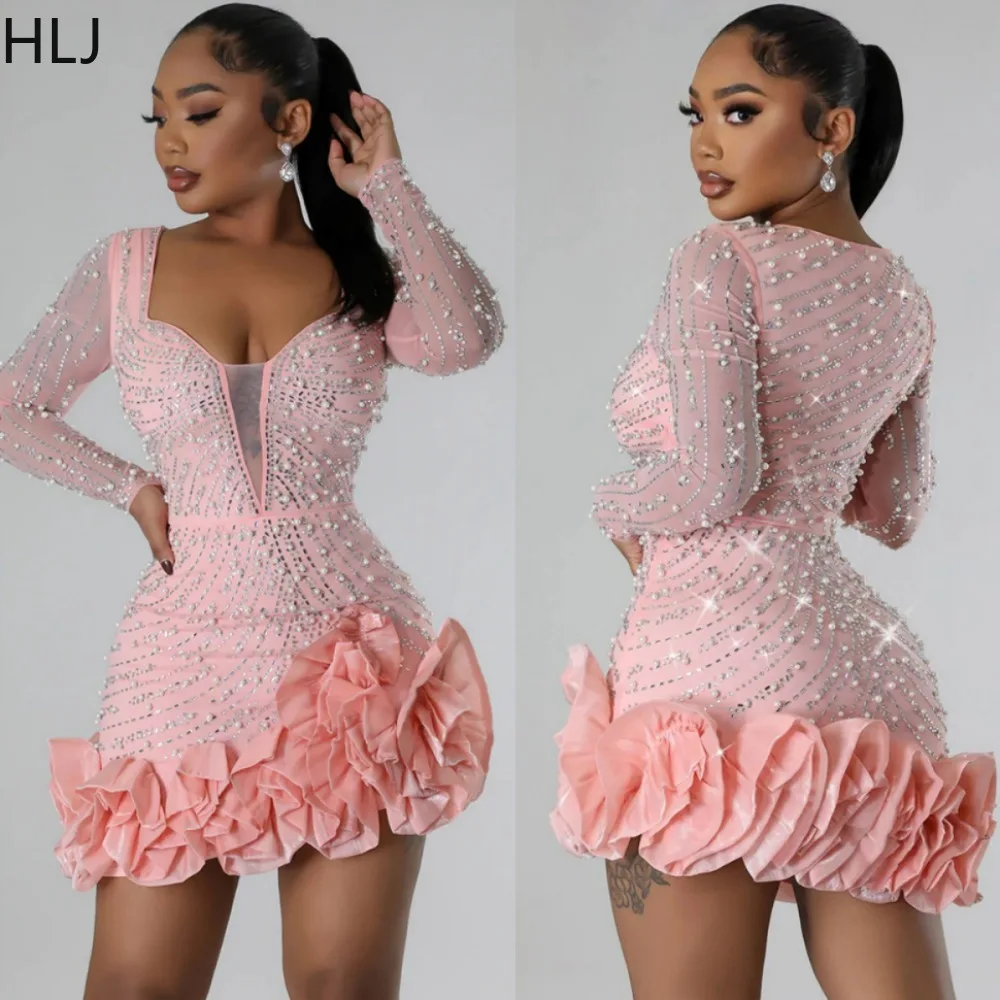 

HLJ Sexy Luxury Rhinestone Pearls Bodycon Ruffle Design Mini Dress Women V Neck Long Sleeve Slim Vestidos Fashion Party Clothing