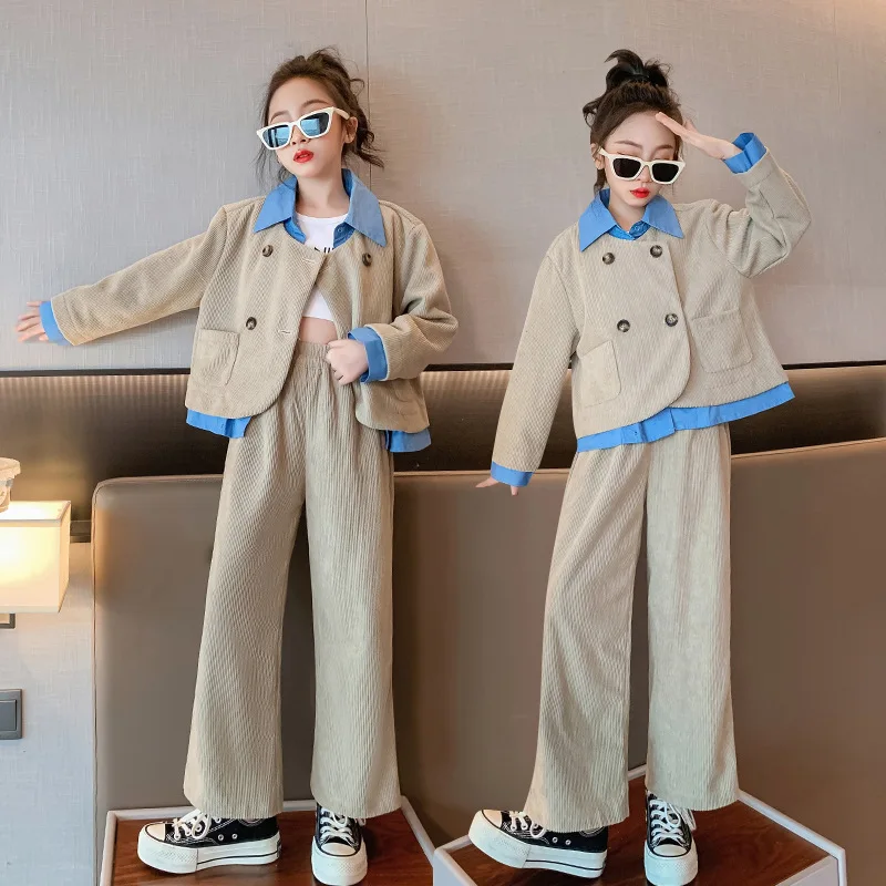 

Children Suits Spring Autumn Kids Fashion Patchwork Outerwear Wide Leg Pants Two-piece Girl Blazers Suit for Girls Teens Outfits