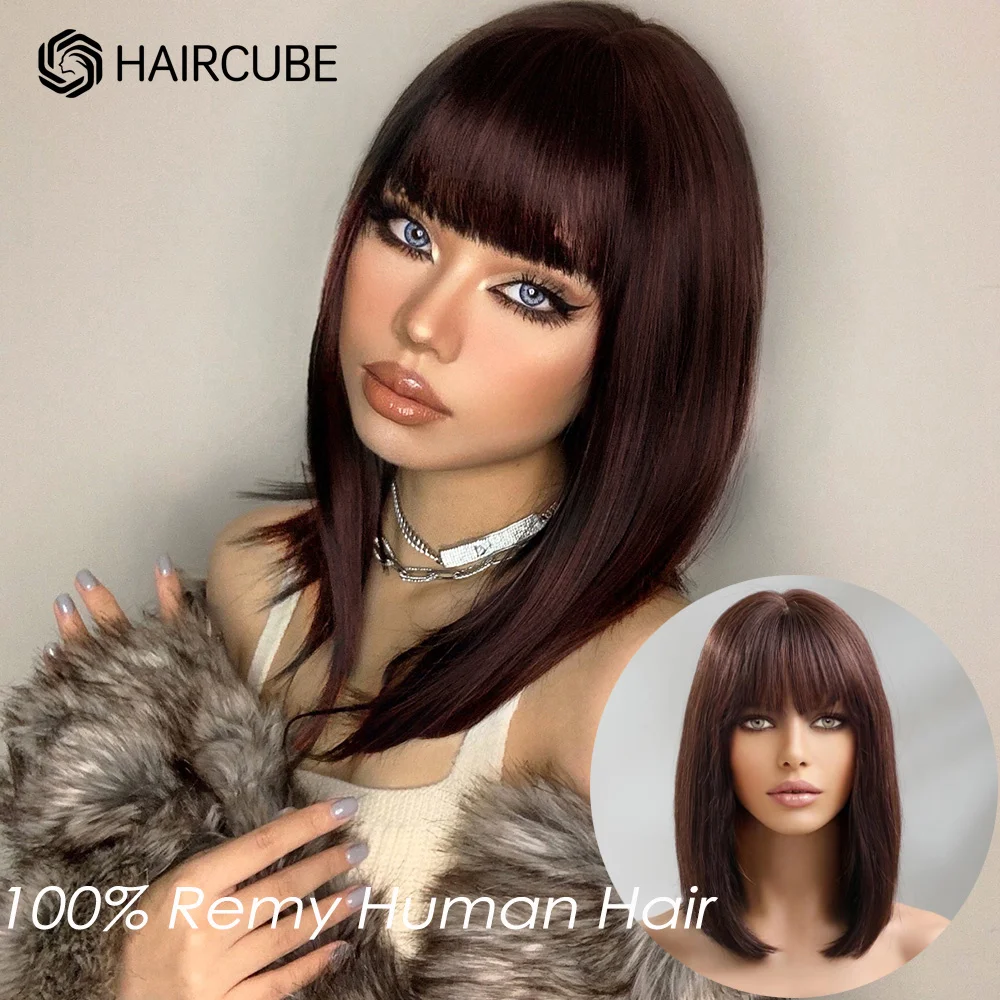 HAIRCUBE Dark Brown Bob Human Hair Wig with Bang Shoulder Length