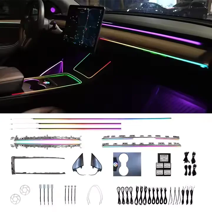 Tesla Model 3/Y 용 맞춤형 대시 보드 LED 스트립 조명 방수 다색 주변 조명 음성 제어 DIY 모드 자동