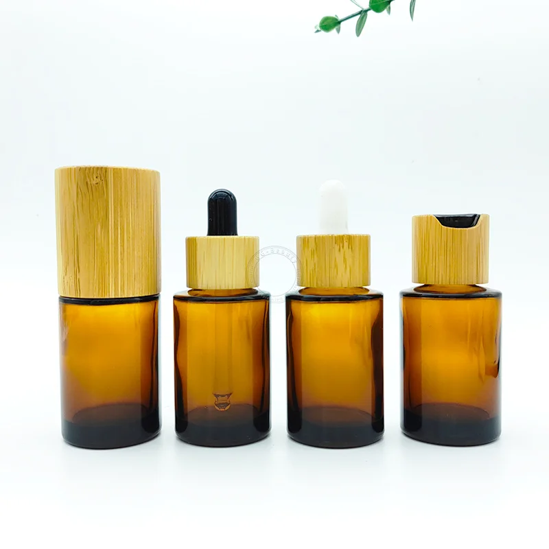 20/30/40/60Ml Brown Glass Dropper Spray Pump Bottles With Wood Grain Bamboo Lid Lotion Serum Small Perfume Packaging Containers