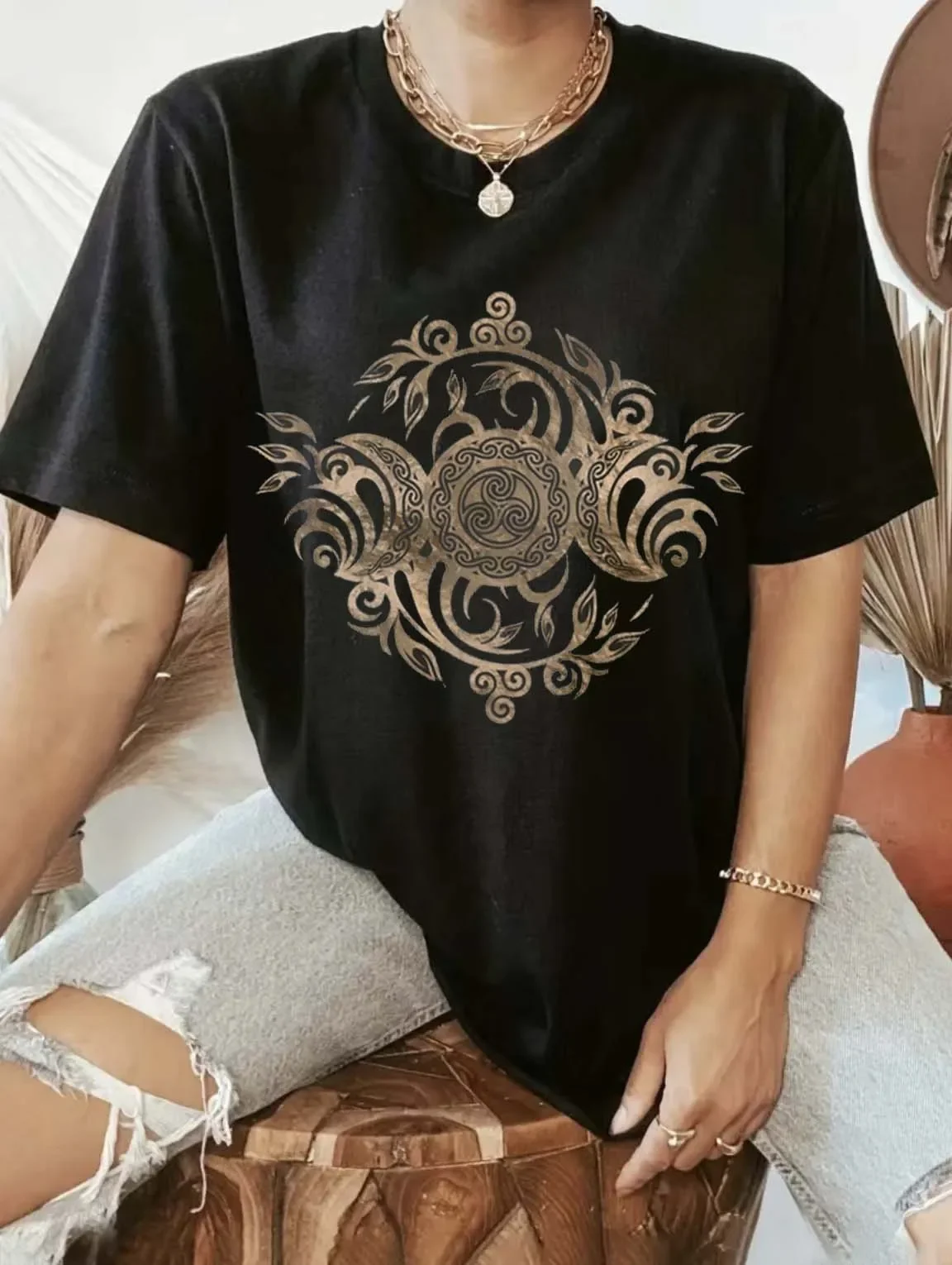 

Trendy Print Triple Moon Named with Triskelion T-Shirto Collar Short Sleeved Summer Women's 90s Fashion Style Printed T-Shirt.