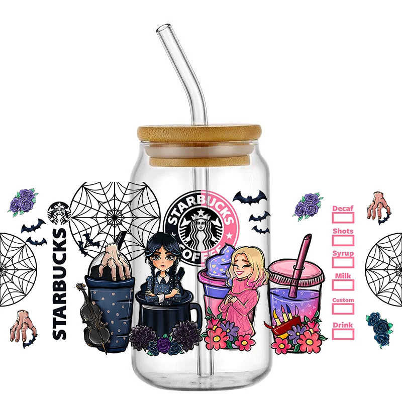 Oferta Especial: Adhesivos Decorativos 3D con Diseño de Wednesday, 16oz, UV DTF, para Vasos, Latas, Manualidades, Regalos de Halloween