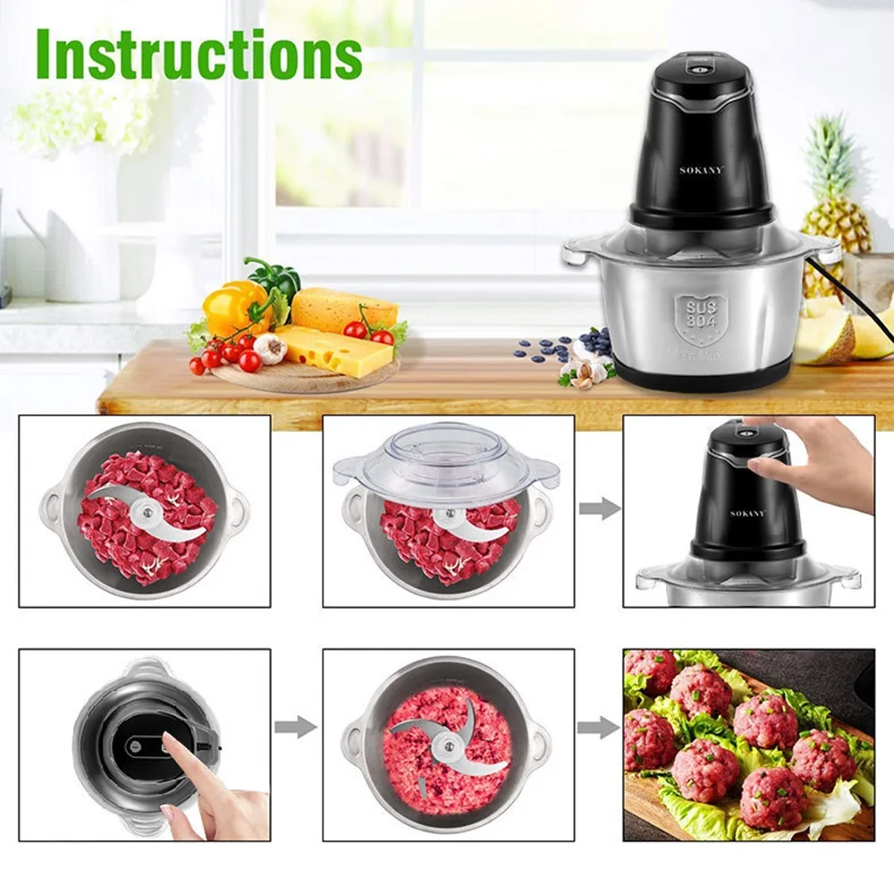 220V 110V Meat Grinder 2L Electric Stainless Steel Food Processors Mixer Vegetable Chopper Blender Machine for Kitchen Home 다지기 5