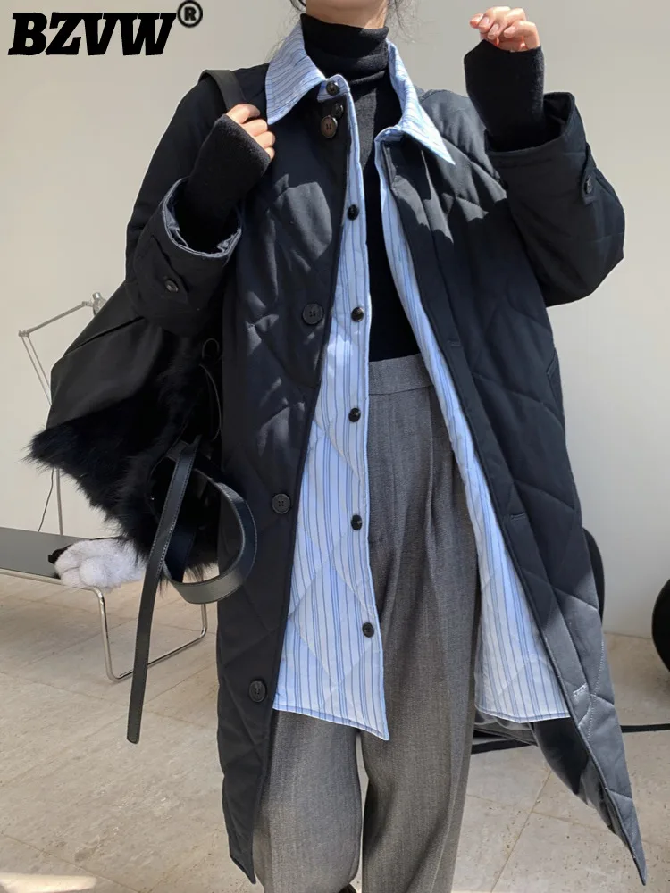 

BZVW Patchwork Contrast Color Long Cotton Jacket Women 2023 Winter Loose Diamond Checkered Thickened Fake 2 Piece Jacket CP2503