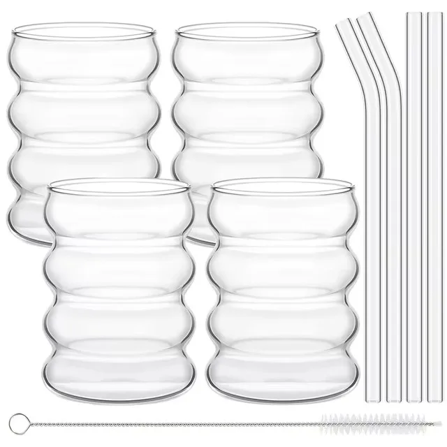 YWDL 4-teiliges Glasbecher-Set, Kaffeebecher, Klare Trinkgläser, Geripptes Glasgeschirr mit Strohhalmen, Cocktail- und Fruchtgläser