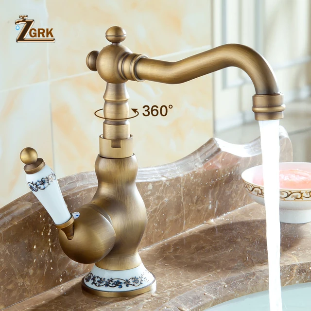 Antique Brass Faucet Bathroom Single Handle Bathroom Sink Mixer Taps Hot and Cold Water Rotatable Faucet For Basin Deck Mounted
