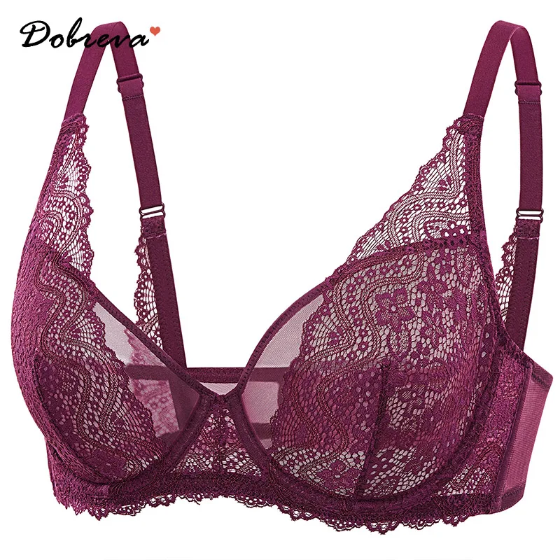 

DOBREVA Minimizer Bra for Women Plus Size Sexy Sheer Lace Unlined Underwire See Through Mesh Bralette