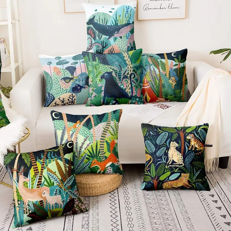 Cute Sloth In Green Tropical Botanical Leaves Art Painting Print Pillowcase Jungles Praying Mantis Cushion Decorative Pillow floor cushions