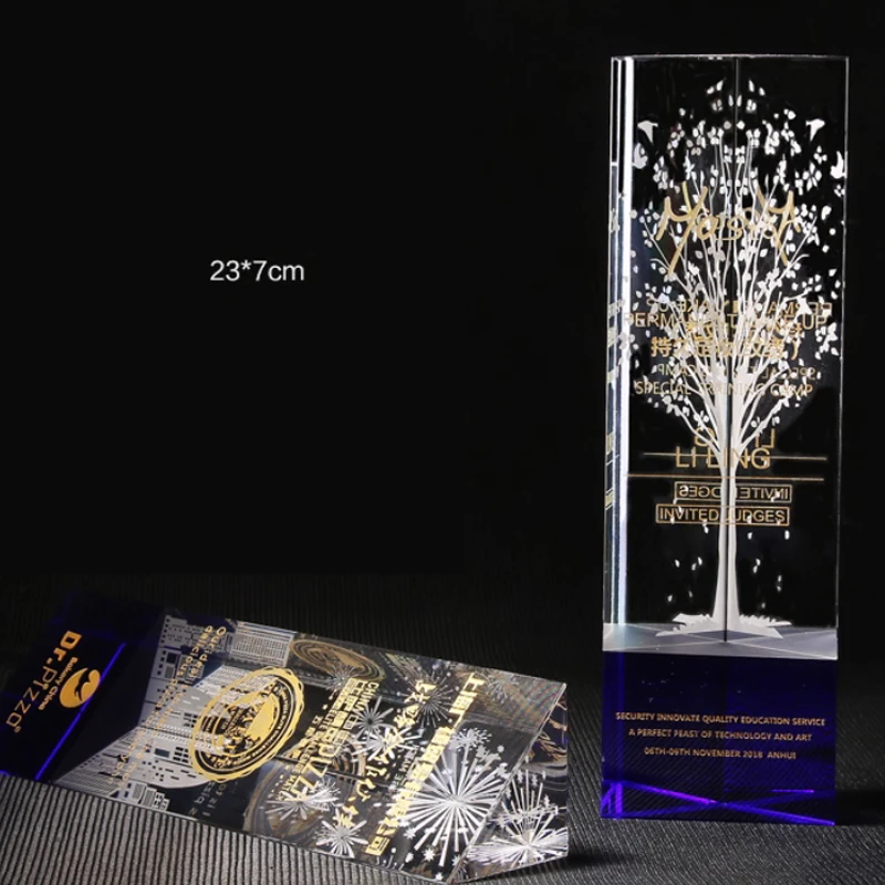 Customized Triangle pillar Crystal Trophy, Excellent Staff Company Annual Meeting Awards, Home Decoration Blue crystal base, 1Pc