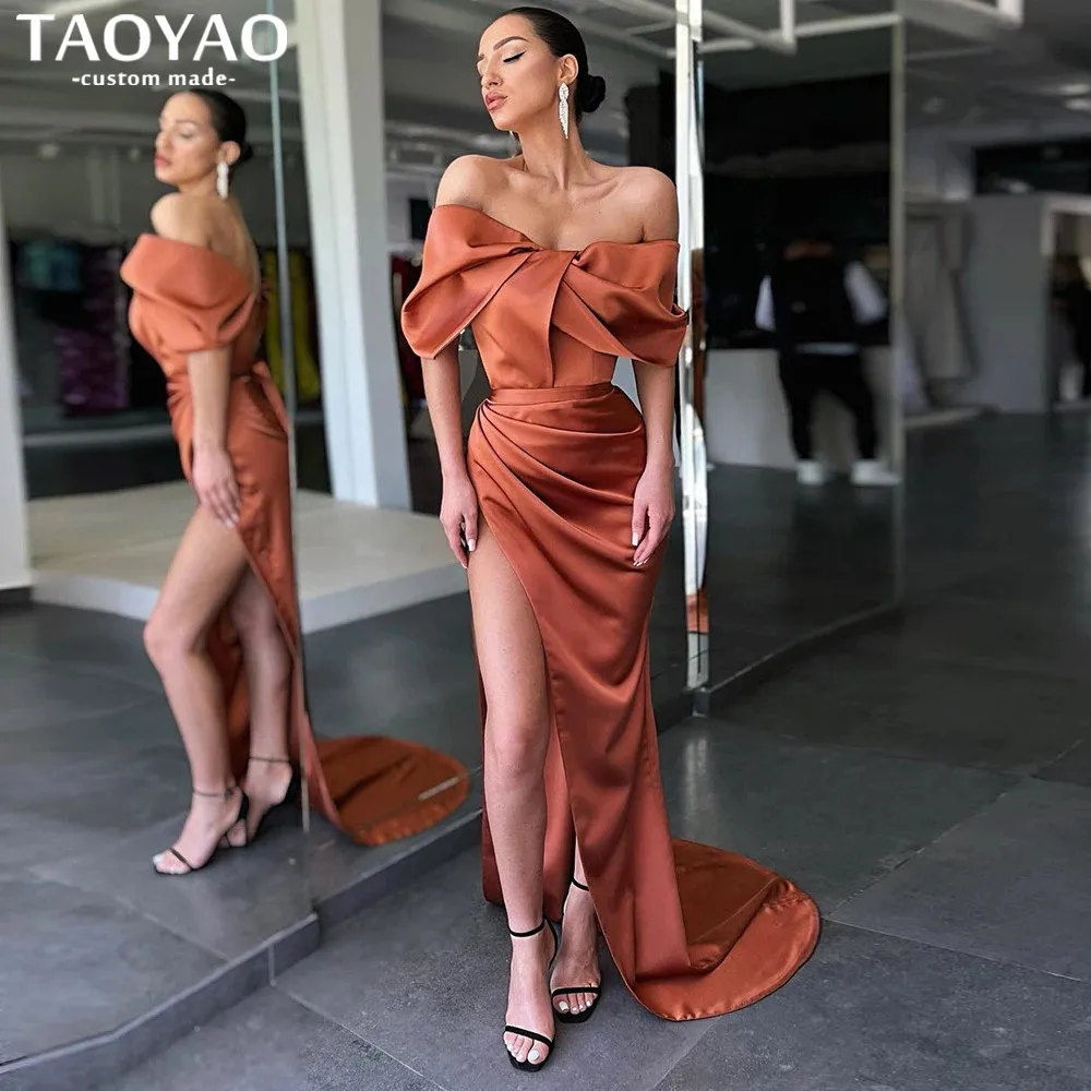 Burnt Orange Off-the-Shoulder Prom Dress Split With Pleats Beads main image 0