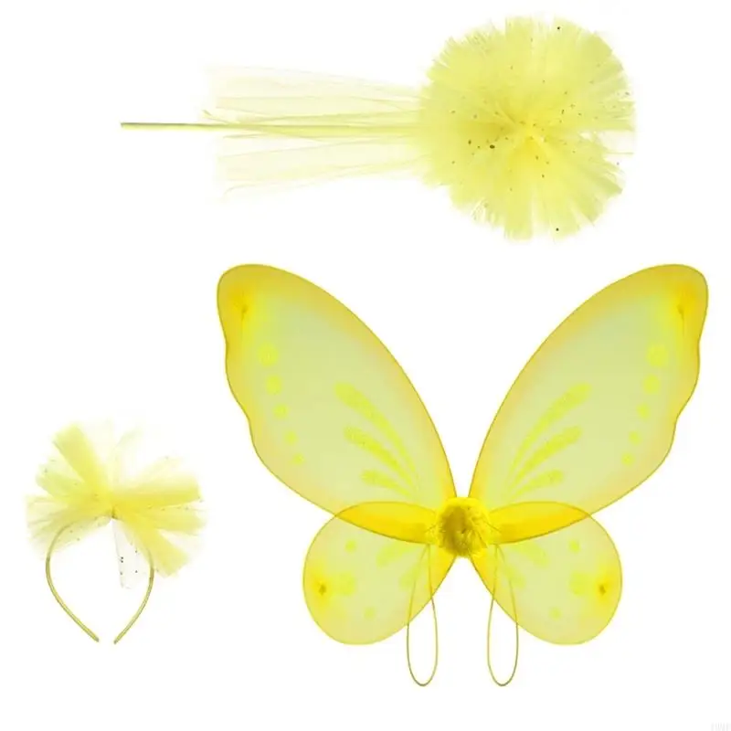 49MF Child Halloween Fairies Wing with Headband and Wand for Kid Birthday Christmas