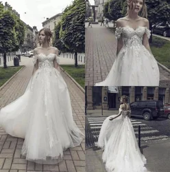 Latest Wedding Dress Off Shoulder Sleeveless Lace Applique Backless Sweep Train Bridal Gowns A Line Brautkleid Vestido De Noiva