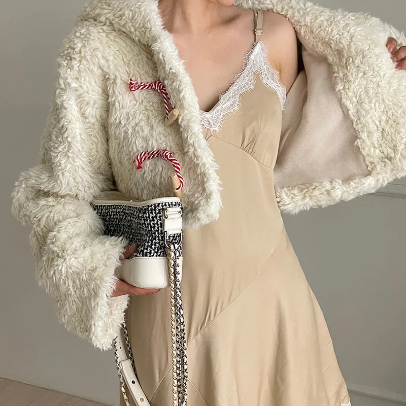 Winter Lamb Plush Hooded Jacket Candy-colored Hemp Rope Horn Buckle Loose Short Warm Double-faced Fleece Jacket Women Fashion