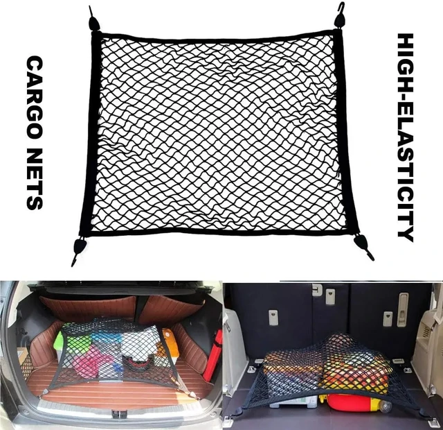 Filet à Bagages élastique 1,2x1,2m (extensible 2,1x2,1m) - 6 Mousquetons - Pour Coffre Voiture, SUV, Fourgon, Camping-car