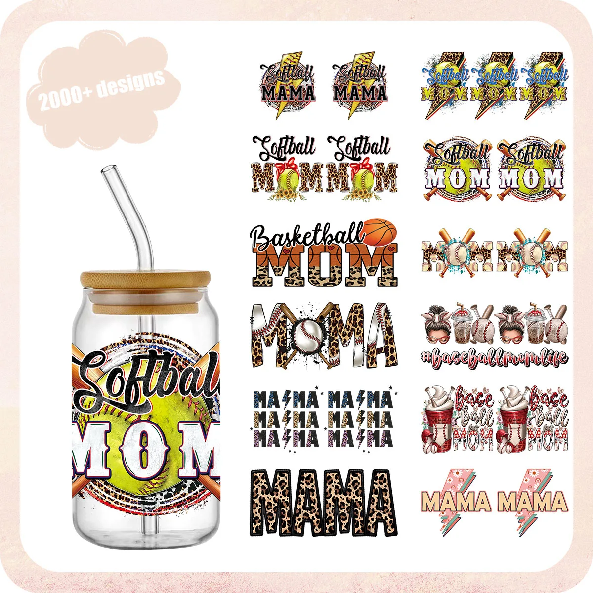 

Happy Mother's Day Mama Pattern UV DTF Transfer Sticker Waterproof Transfers Decals For 16oz Glass Cup Wrap Stickers