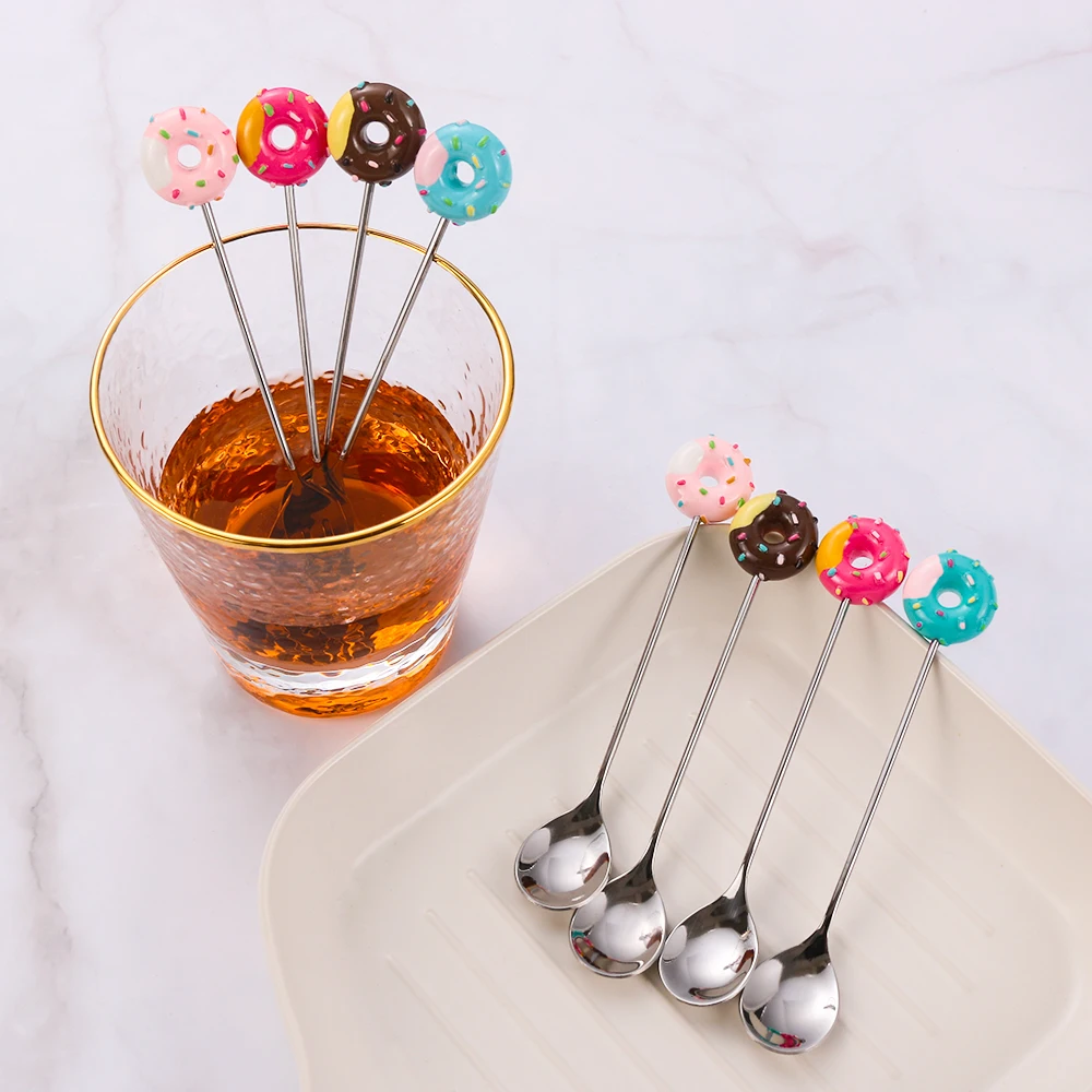 Donut Dessert Spoon Fork Flatware Coffee Ice Dinnerware Kitchenware Baby Kids silverware set portable cutlery