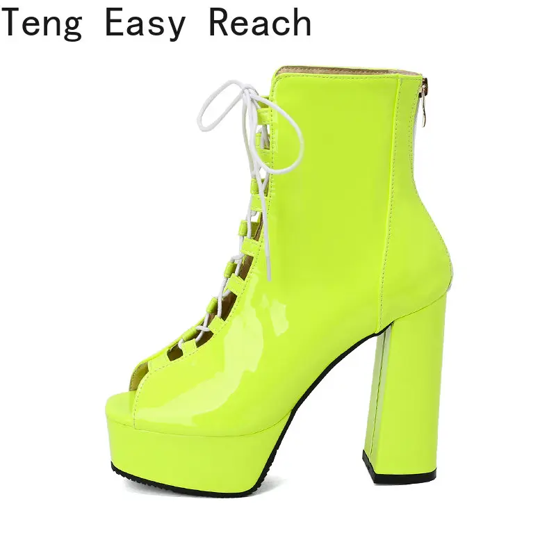 

Fluorescent Green White Black Sexy Hollow Ankle Boots for Women Sexy Peep Toe Lace Up Super High Heels Party Catwalk Stage Shoes