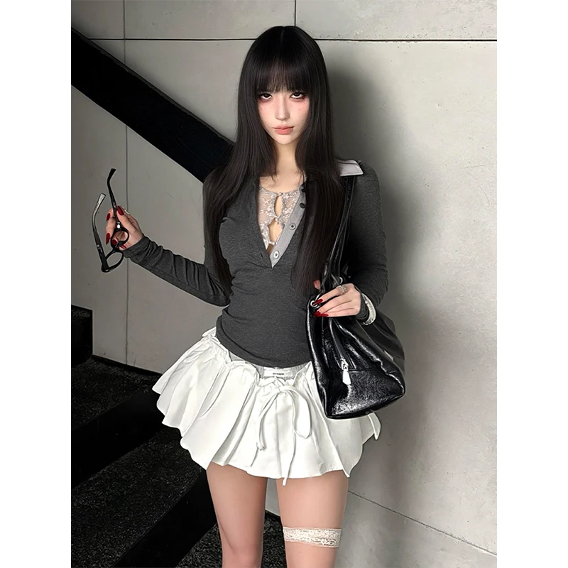 Seeslim Hotsweet Umlegekragen Gefälschte Zweiteilige T-shirts Frauen Kleidung Patchwork Spitze Herbst Tops Koreanische 2000er Jahre Kleidung Y2k – Detail 2
