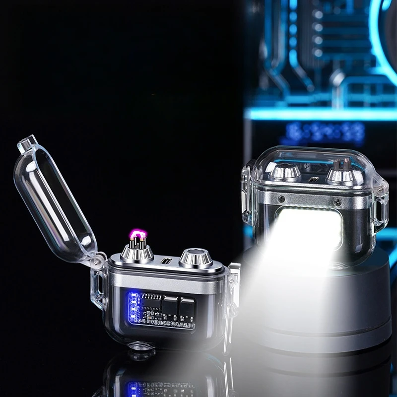 

Sealed New Waterproof Windproof Transparent Shell Tyep-c Double Arc Electric Lighter With LED Lighting Outdoor Pulse Lighter