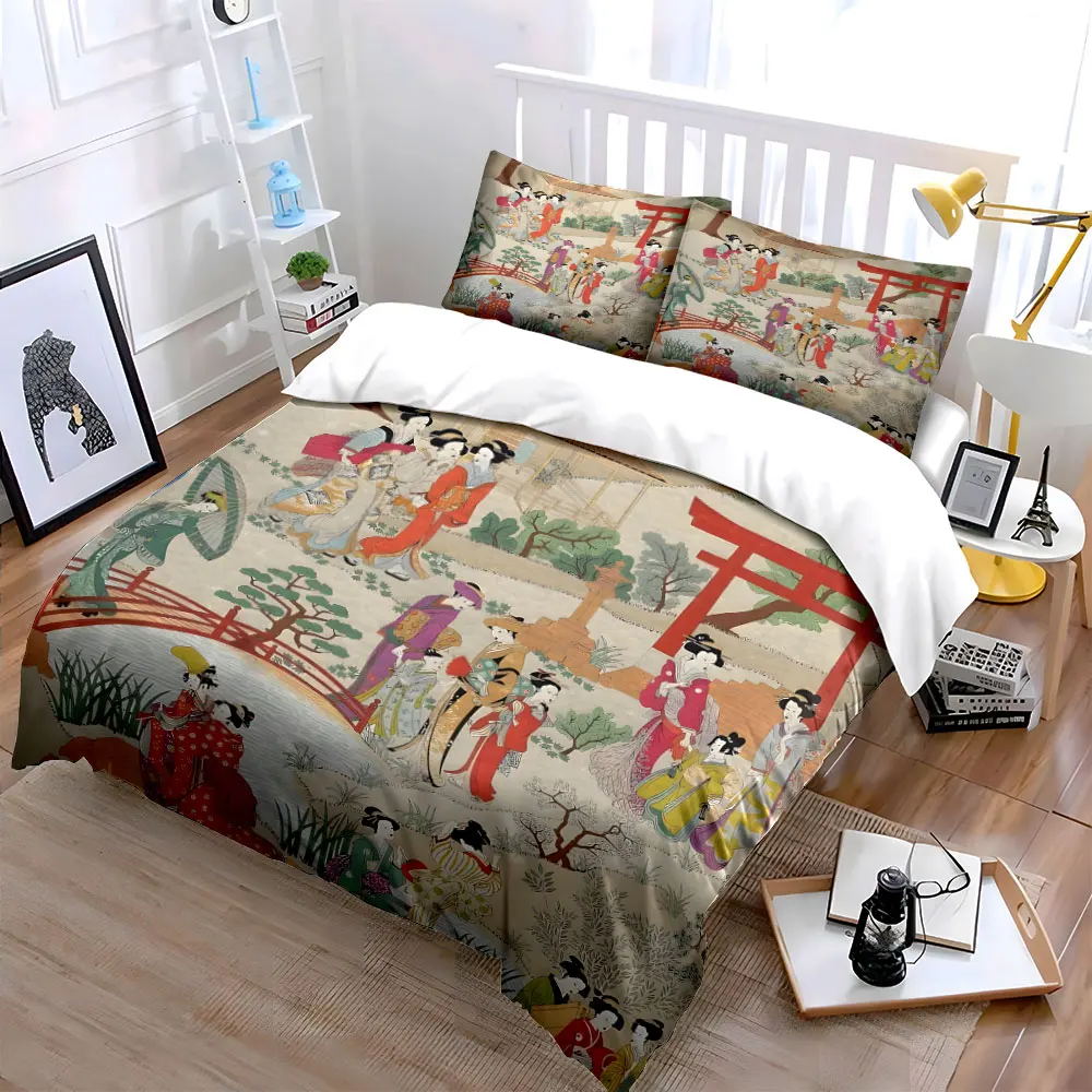 Elegant Japanese Garden Bedding Set 3pcs, Vintage Ukiyo-e Art Print Duvet Cover, Soft Cozy Bed Linens with Torii Gate Design 4