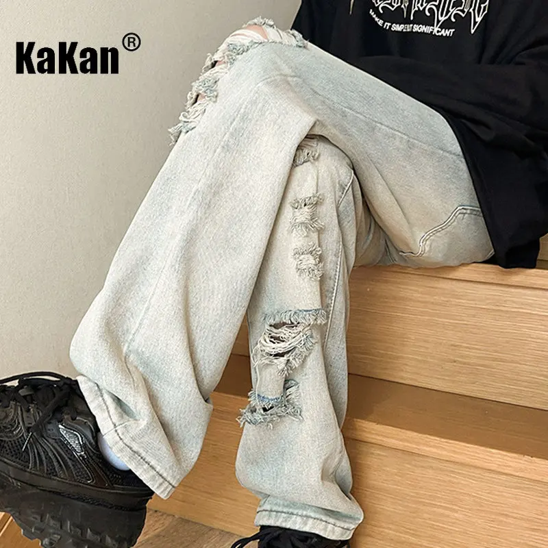 Kakan - New High Street Distressed Jeans Men's Wear, Wash Vintage Loose  Slim Fit Straight Leg Jeans K24-KJ2229