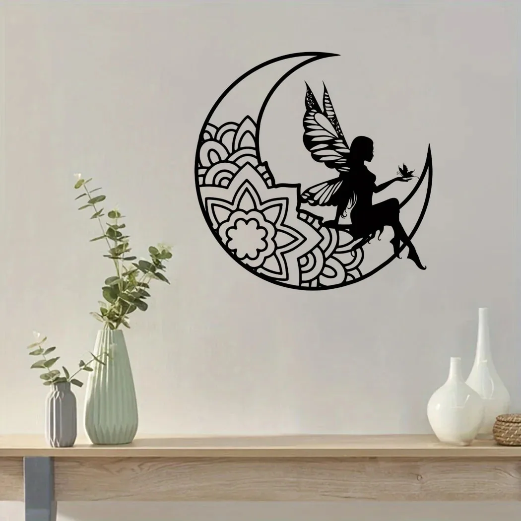 

Crafts Moon Fairy Metal Signs Plaque Fairy Metal Wall Art 3D Hollow Metal Silhouette for Room Outdoor Home Decor Funny Decor