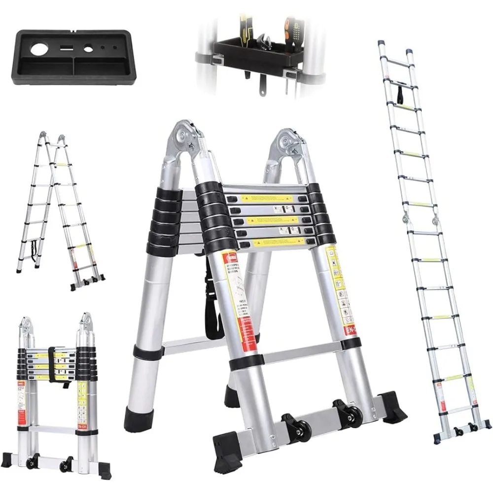 

14.5FT Telescoping Extension A Frame Ladder with Tool Tray and Wheels, 2-in-1 Multi-Purpose Aluminum Telescopic Ladders