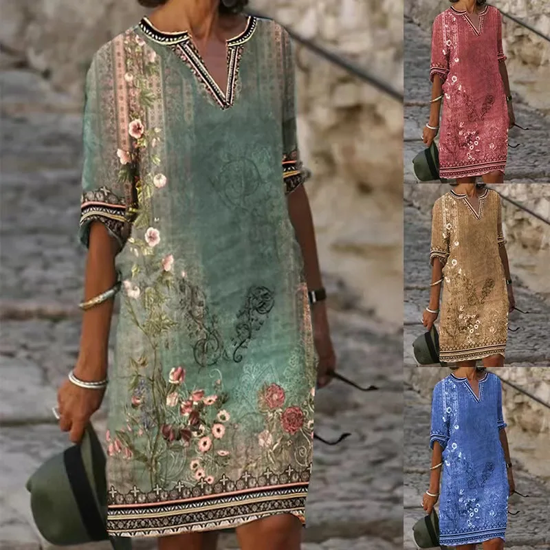 

Vintage Ethnic Style Loose Pullover 2023 Spring/Summer New Women's Fashion Print Casual Sexy V-Neck Half Sleeve Elegant Dress