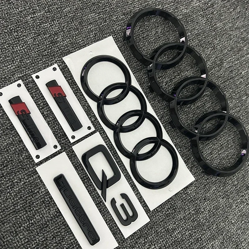 4 링 로고 ABS 블랙 자동차 후드 전면 그릴 엠블럼 후면 트렁크 배지 스티커 Q3 스티커 Quarrto Sline Emblem For AUDI Q3 2013-2022