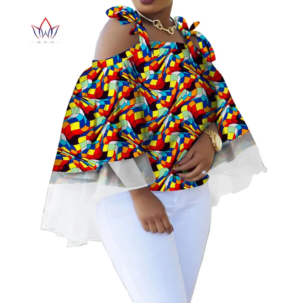 Bintarealwax African Print Wax Shirt for Women Dashiki Summer Off Shoulder Strap Tops Flare Sleeves Blouse Africa Clothes WY5101 african men s tracksuit dashiki printed blouse and pants set ankara clothing short sleeve shirts suit afripride a1916045