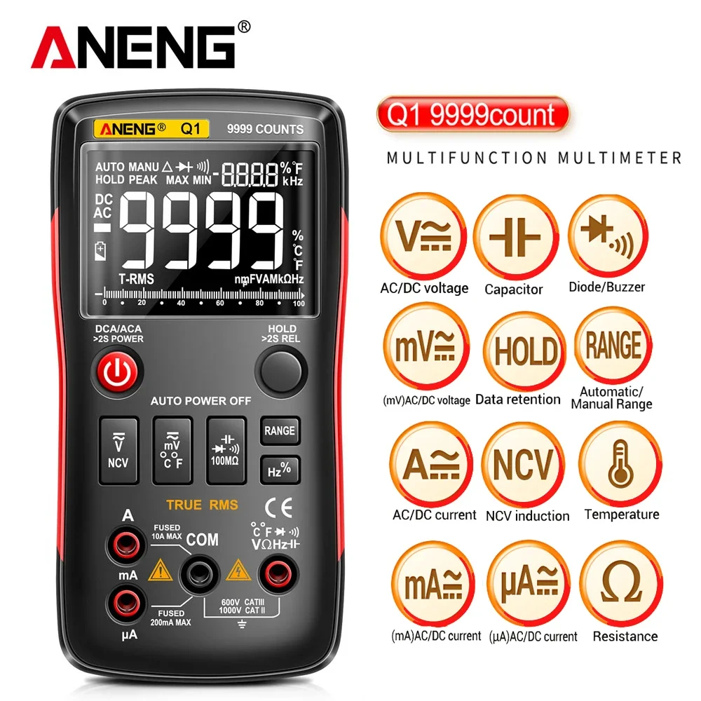 

ANENG Q1 Professional Digital Multimeter True RMS 9999 Counts Analog Tester DIY Transistor Capacitor Lcr AC/DC Voltmeter Ammeter