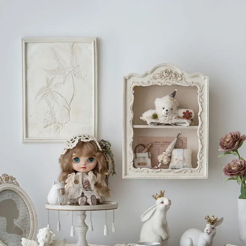 Vintage White Carved Display Rack European Style Wall-Mounted Organizer Multi-Layer Storage Unit for Home Decor Pink