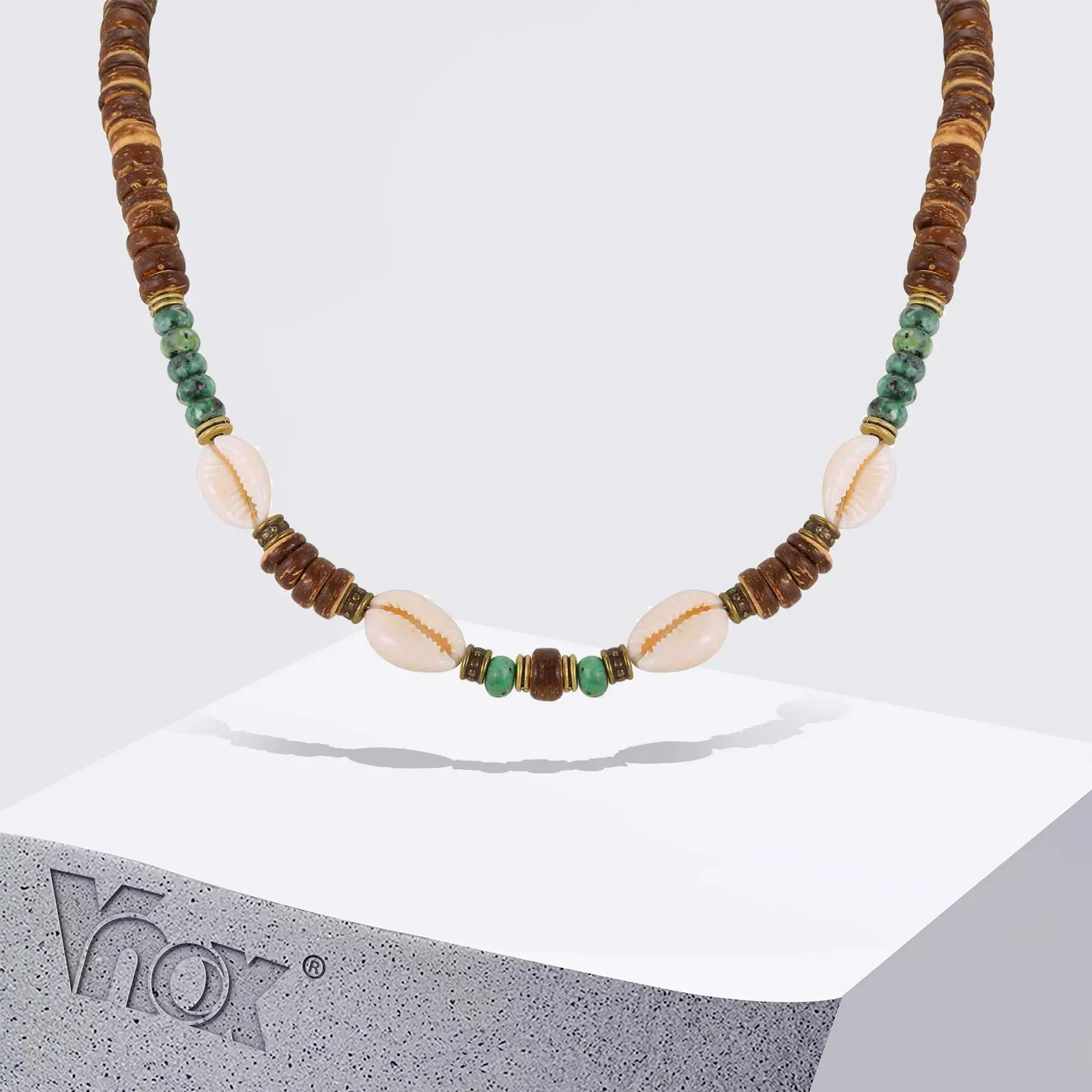 Vnox Verstellbare Kokosnussmuschel-Perlenkette für Herren, Legierungs-Abstandsperlen mit Muschelanhänger, Surf-Boho-Strand-Holzschmuck Geschenk
