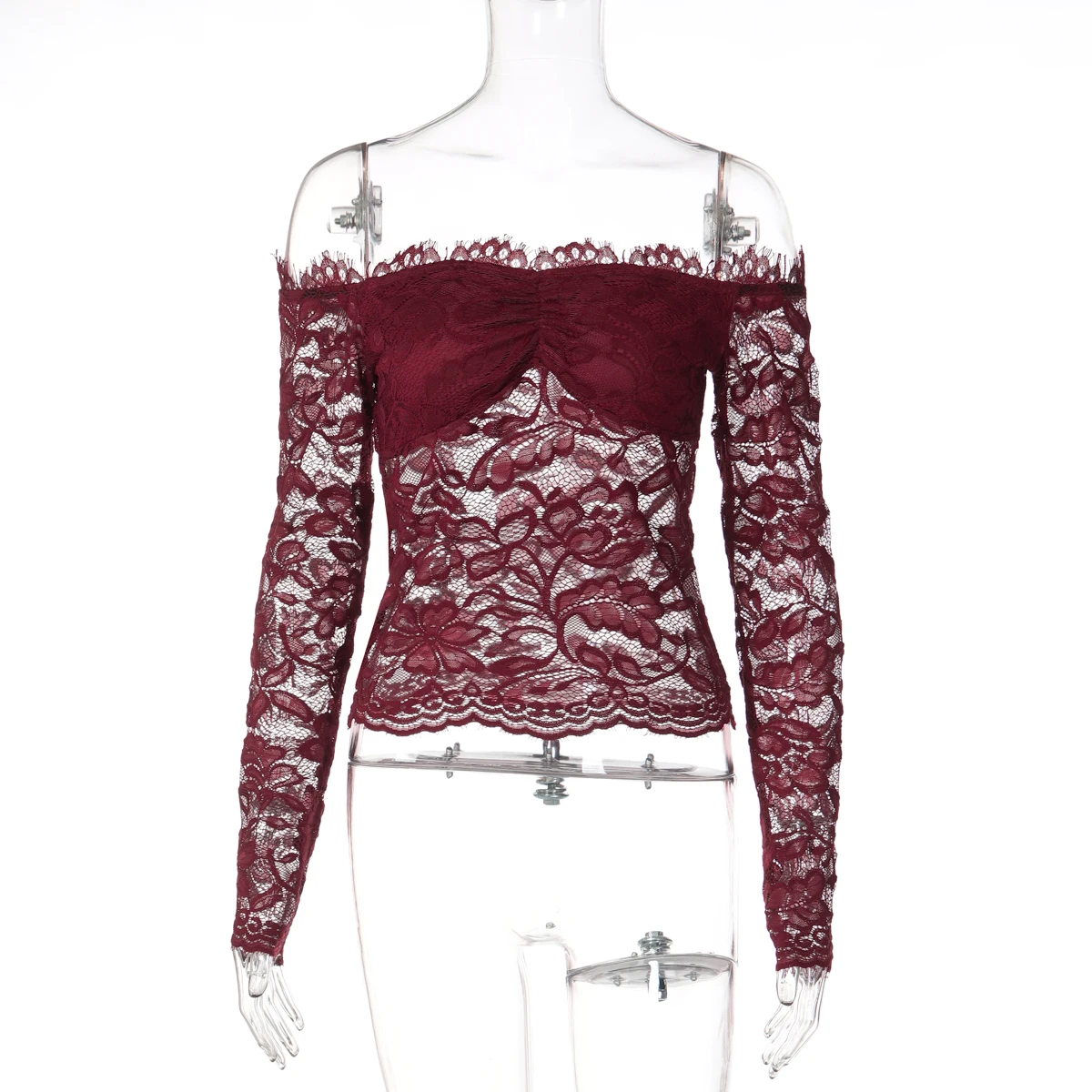 Hugcitar Damen-T-Shirt, elegant, Spitze, Schlitzausschnitt, lange Ärmel, sexy, durchsichtig, Rüschen, kurz geschnitten, weibliche Kleidung, Geburtstag, Nachtclub – Detail 2