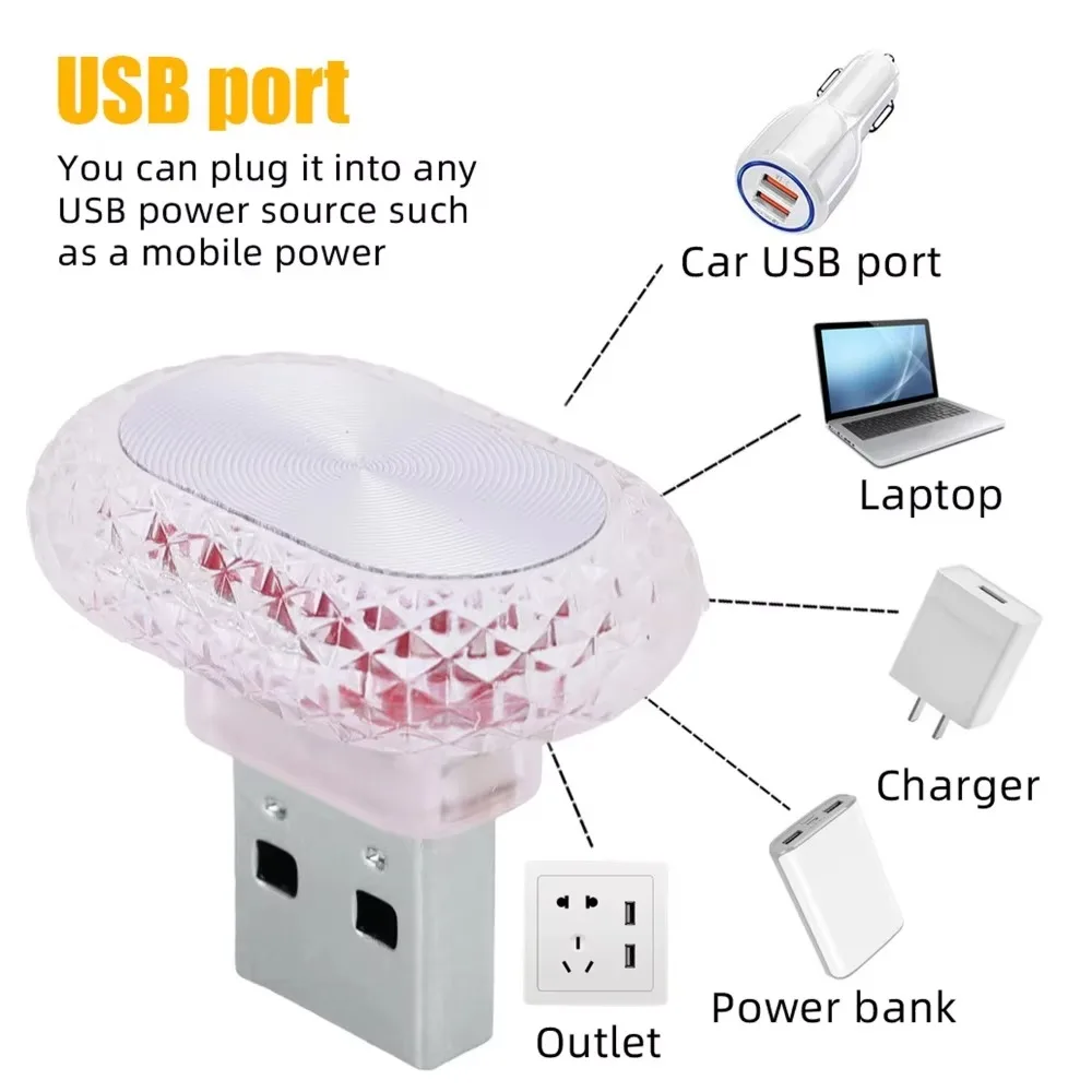 Compact USB LED Ambient Night Lights - Multicolor Decorative Illumination for Cars, Bedrooms, and Home Decor