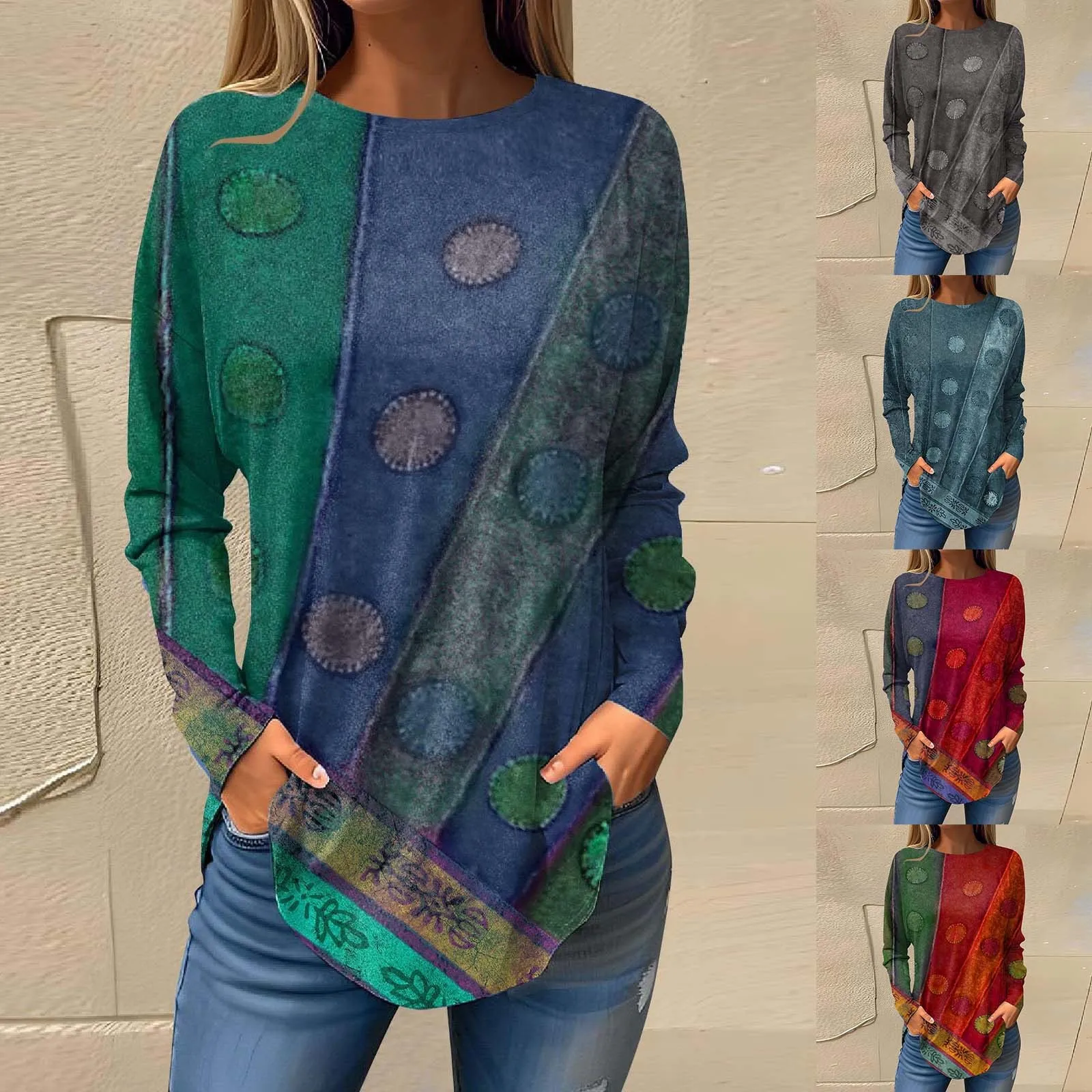 

Long Sleeve Casual Shirts for Women Round Neck Printed Casual Loose Long Sleeve Women's Tops For Autumn And Winter pullover