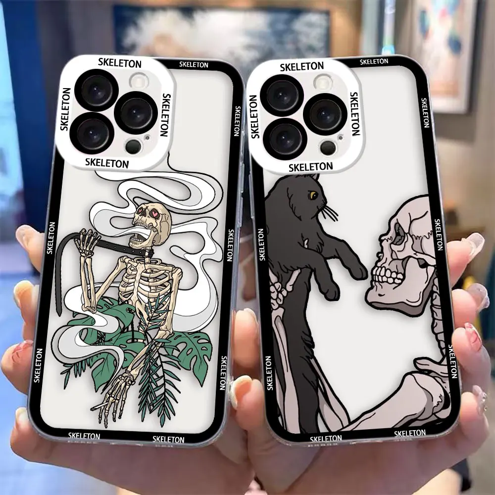 Transparent Phone Case with Terrified Skull-Headed Cat Design