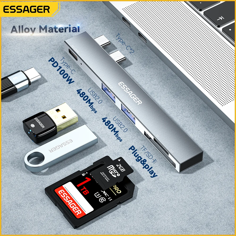 Essager 5 in 1 USB 2.0 Hub to Type C PD 100W TF SD 32G for Macbook Air Pro Laptop Dock Station Splitter
