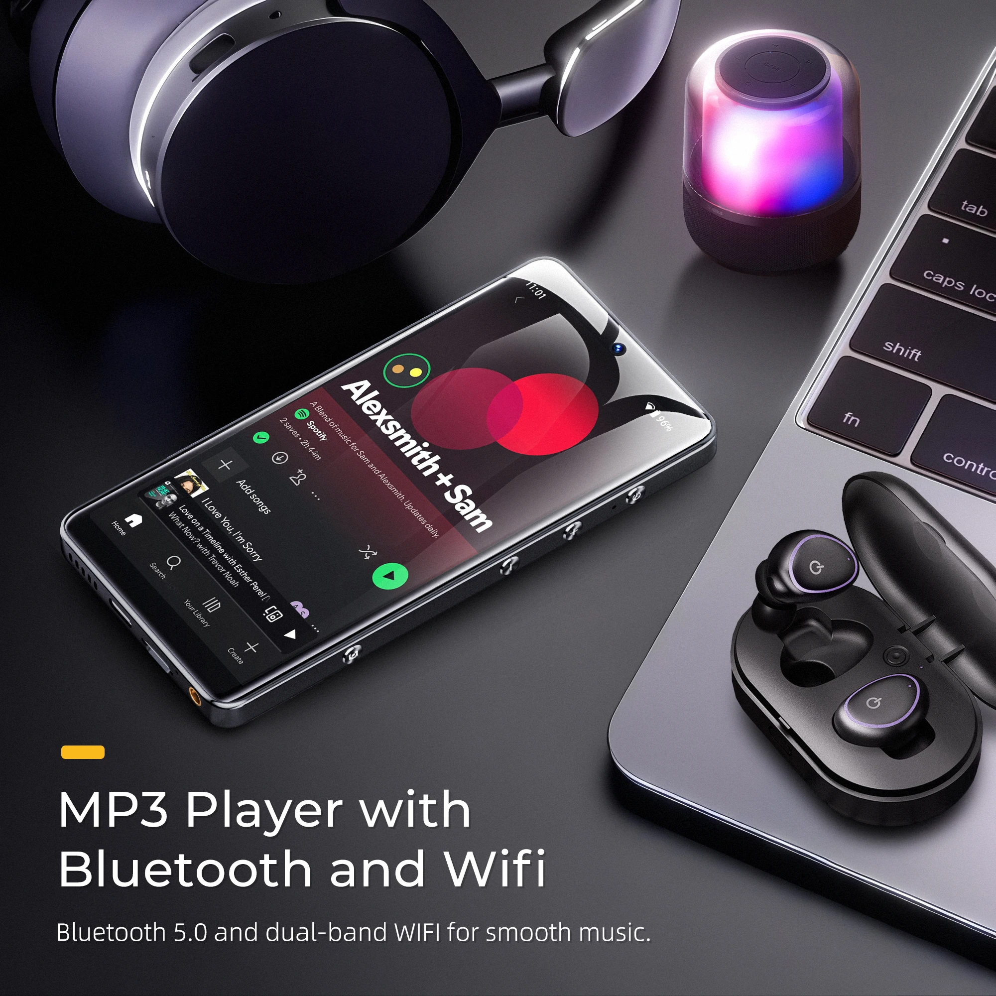 MP3 플레이어, 안드로이드 13 음악 플레이어 (스포티파이 WiFi 지원), 4+32GB 터치스크린, 128GB 최대 512GB 확장 가능, 2500mAh 20시간 재생, 전화 기능 없음