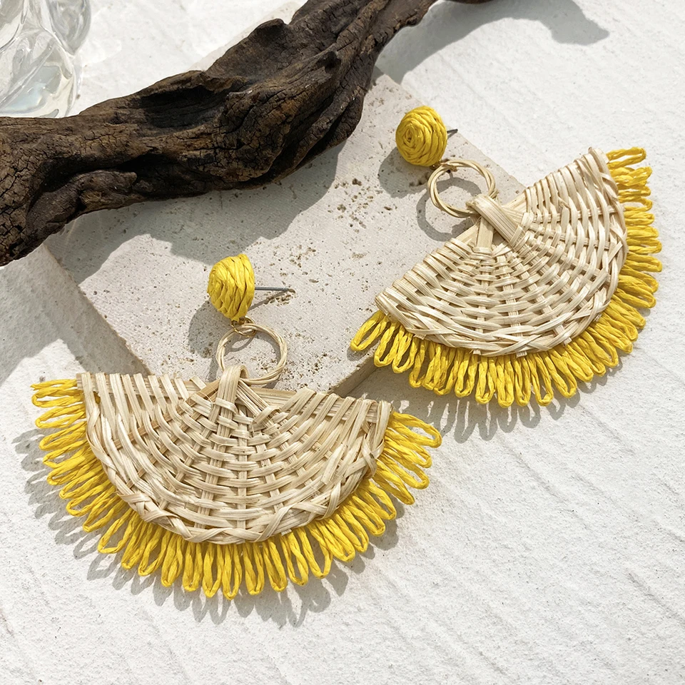 Boho Raffia Ball Drop Earrings For Women - Handmade Straw Statement Earrings For Beach & Vacation