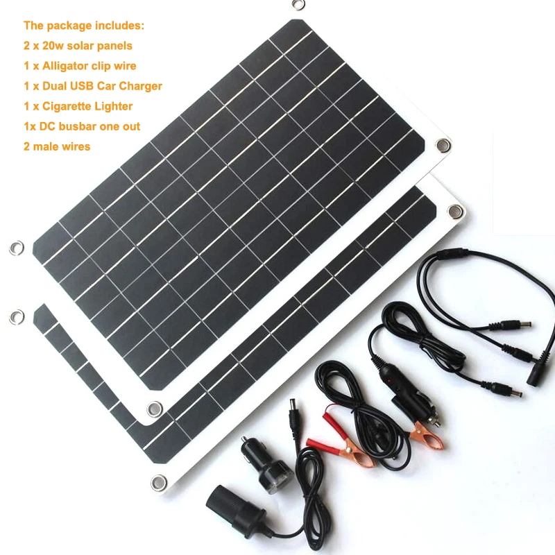Camping Solar Panel Kit Complete Flexible 20W Kit 18V/1A DC Port Outdoor Charging for Car RV Boat Battery Healthy Cells Charger